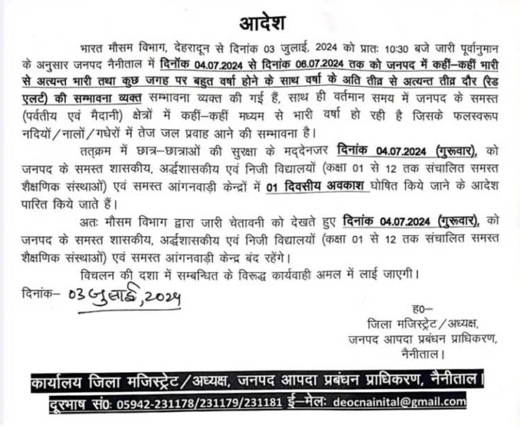 उत्तराखंड : भारी बारिश का अलर्ट, इन जिलों में बंद रहेंगे स्कूल